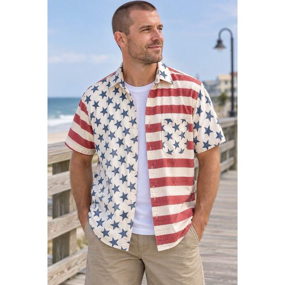 First Class Men’s M America USA Flag Stars Stripes Button Down Shirt 100% Cotton